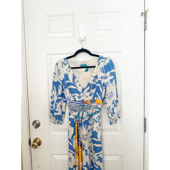 Maeve Anthropologie Dress Womens 2 Blue White Floral Maxi Wrap Belted V Neck - Picture 7 of 9